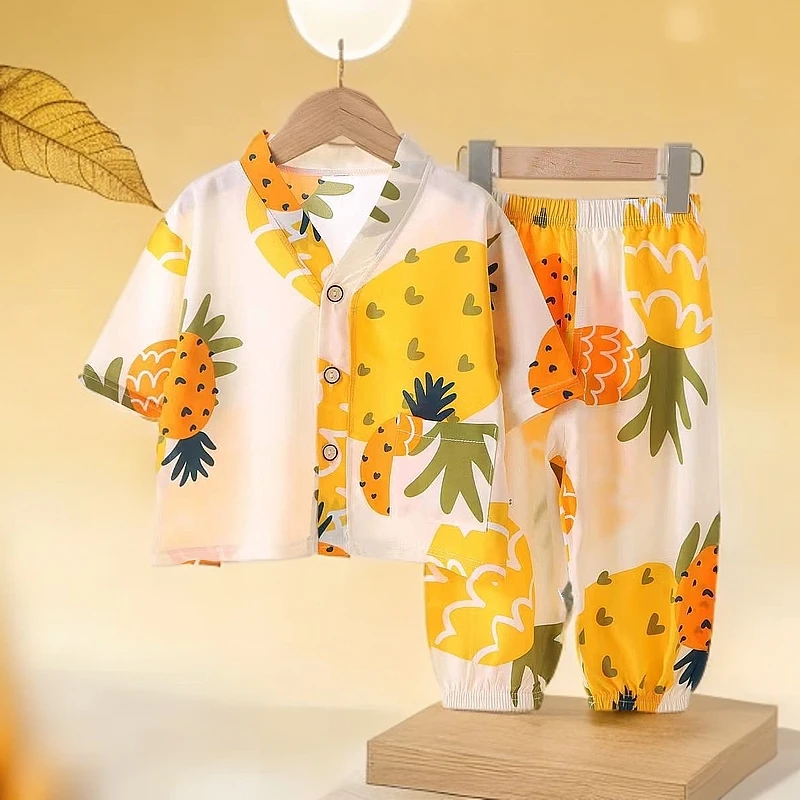 儿童棉绸套装空调房家居服睡衣夏季男薄款衣服男宝女宝宝婴儿卡通