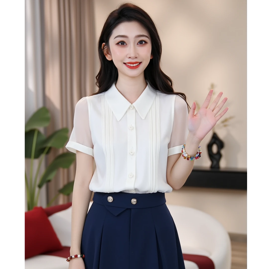 【曼贝】轻奢定制款气质风短袖衬衫女夏季高级感衬衣AI0611-2【甜甜】