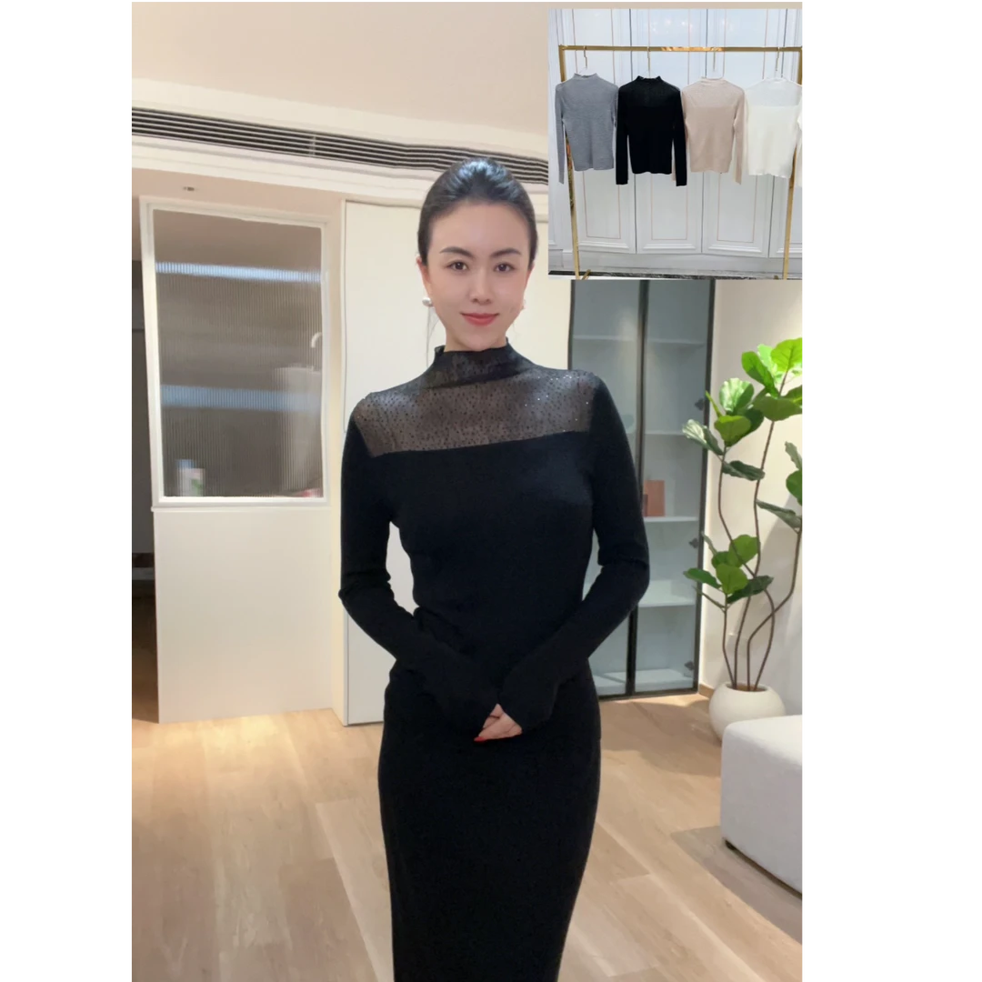 5574研家轻奢重工烫钻镂空羊毛半高领修身显瘦针织打底衫