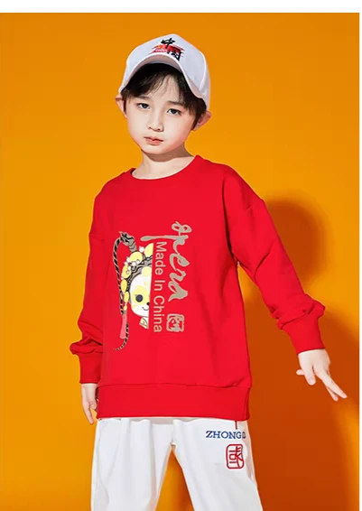 F4下红色卫衣春秋大童童装本命年儿童加绒歌唱祖国儿童版洋气时髦