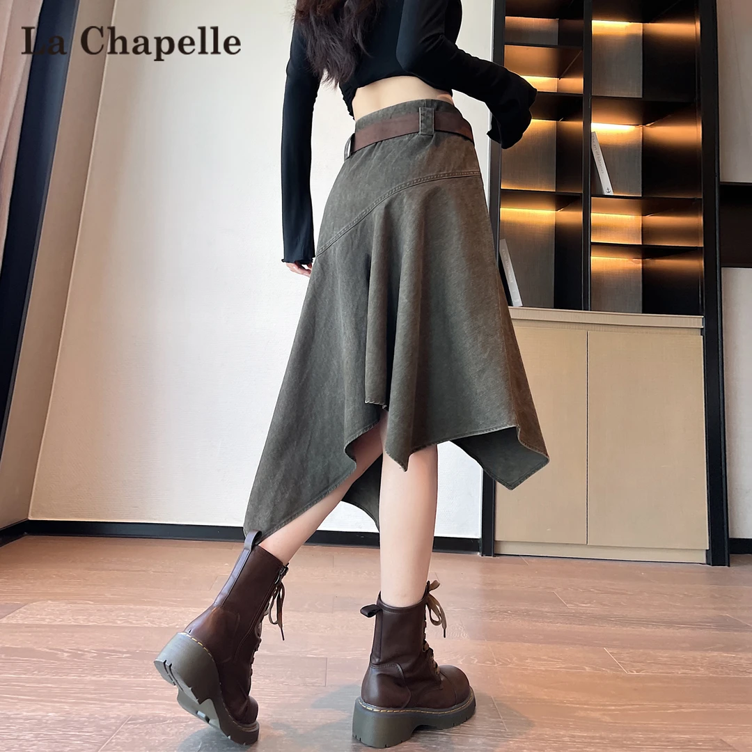 拉夏贝尔复古牛仔半身裙女春秋新款老钱风不规则a字中长款伞裙子