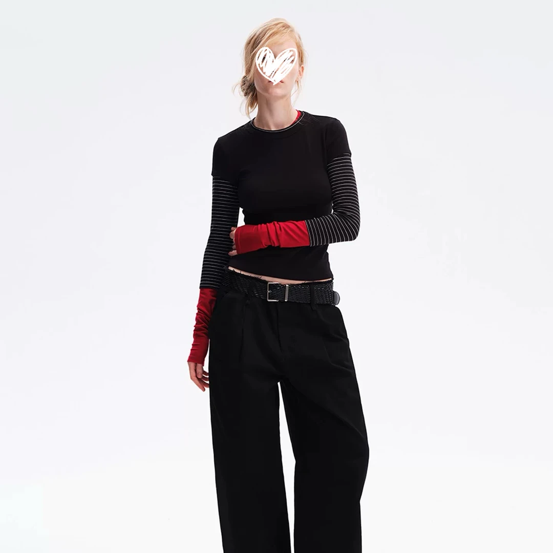 撞色红色拼接小众设计长袖T恤打底衫