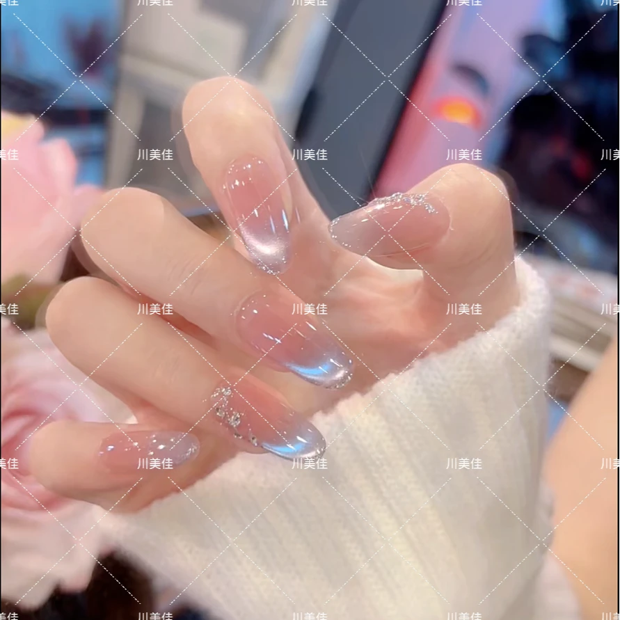 川美佳《薄荷糖》高级夏季蓝色猫眼腮红新款高级感美甲纯手工穿戴甲