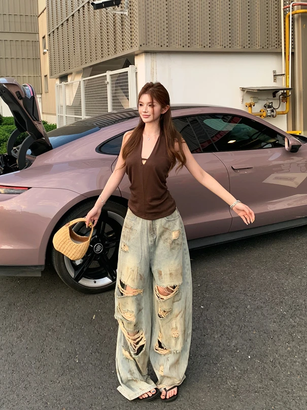 MOONSEE 泰式咖色绝美挂脖吊带背心女复古做旧破洞牛仔阔腿拖地裤