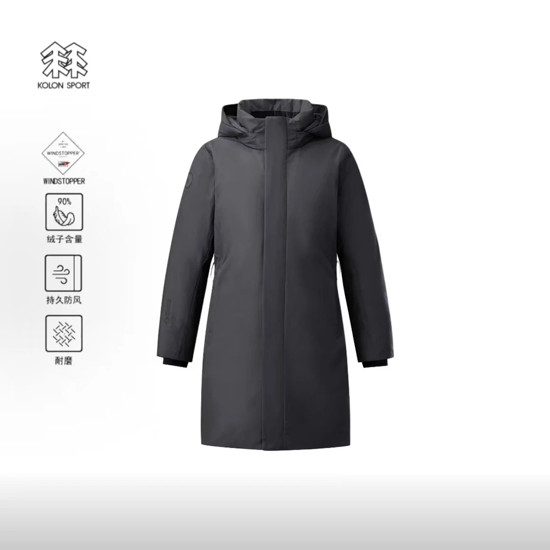 KOLON SPORT/可隆 女士防风防水商务连帽收腰长款鹅绒羽绒服24222