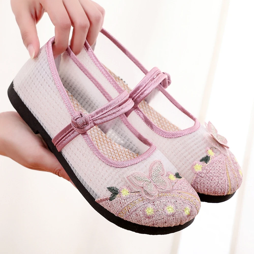 夏季网面透气汉服平底软底民族绣花鞋网鞋镂空北京布鞋妈妈女鞋