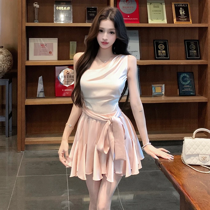 夏季一整套穿搭千金女缎面皱褶荡领上衣半身裙套装温柔气质两件套
