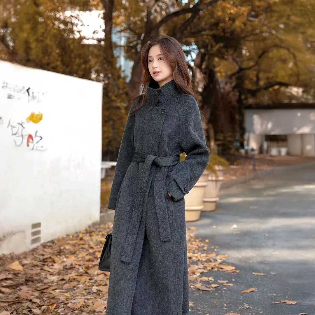 赫本风双面羊绒大衣女中长款2025秋冬新款立领灰色高级感毛呢外套