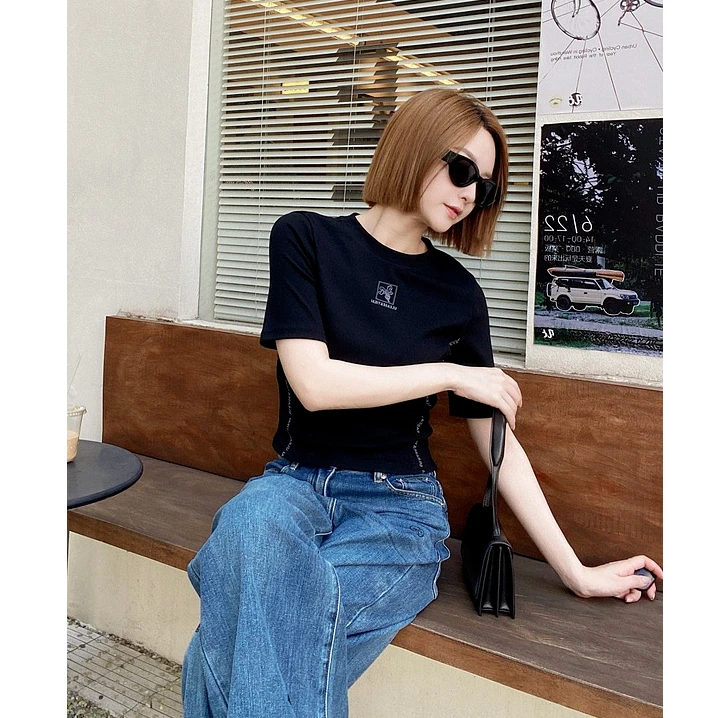 U/TI【显瘦爆款】侧边撞色修饰阴影字母简约款高弹力百搭短袖针织T