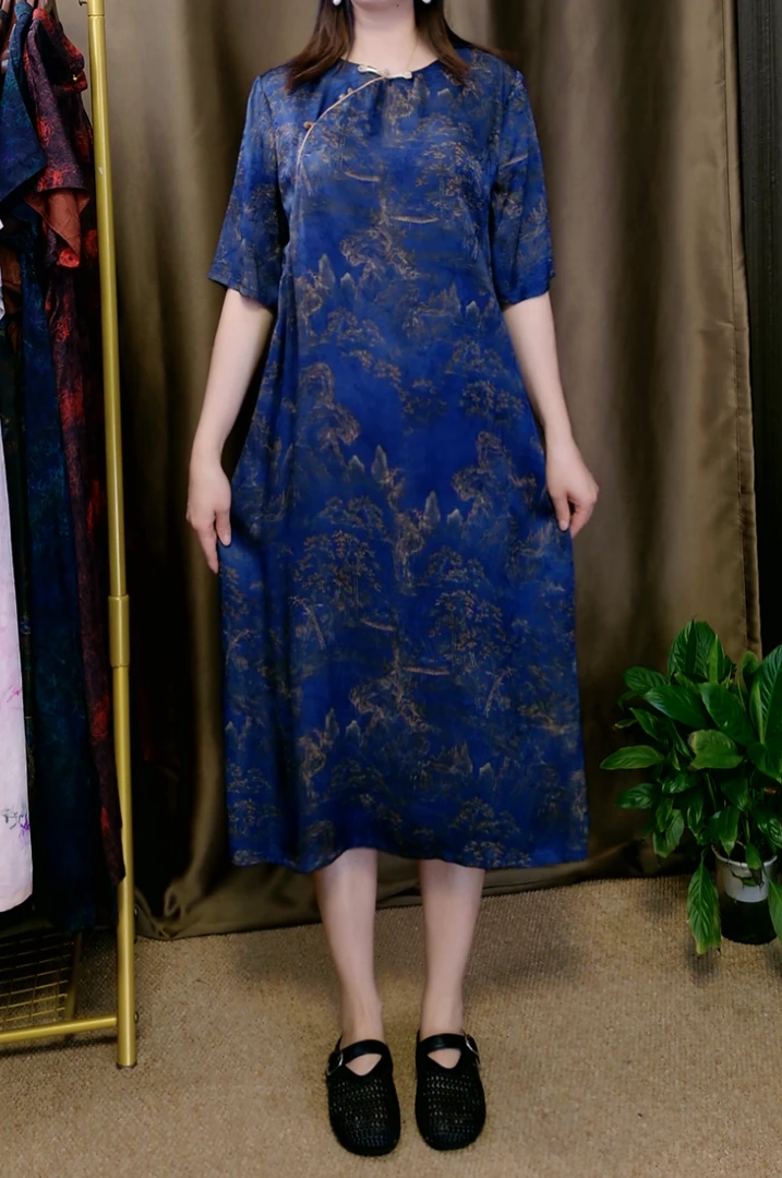 蓝色山河夏季A字裙透气短袖碎花宽松腰连衣裙重磅提花中国风女款