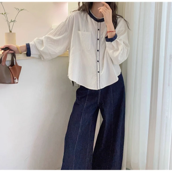 撞色竖条纹圆领衬衫女欧洲站2025早秋新款欧货女装时尚洋气上衣潮