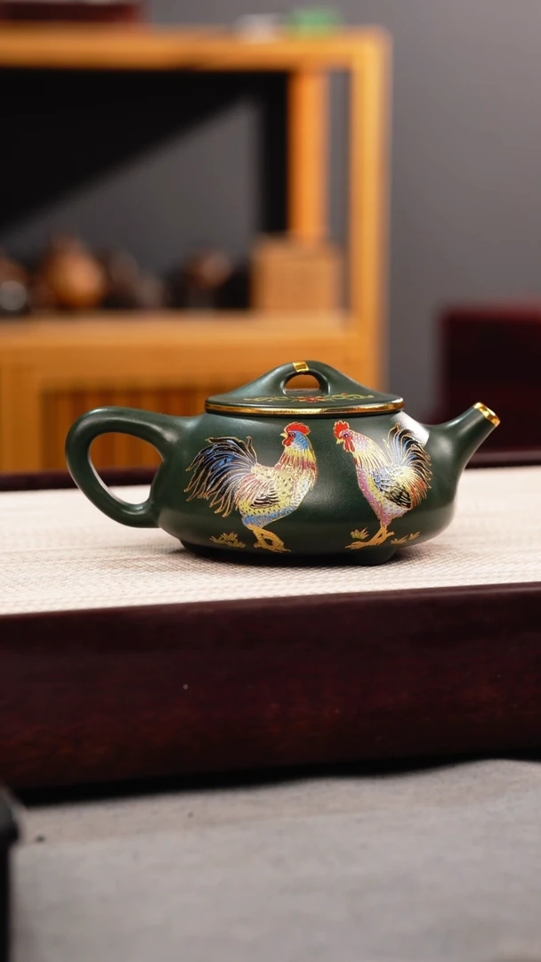 茶杯紫砂绿泥 景舟石瓢 锦鸡珐琅彩