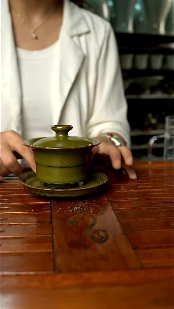 盖碗茶叶末半洒金竹节杯一级