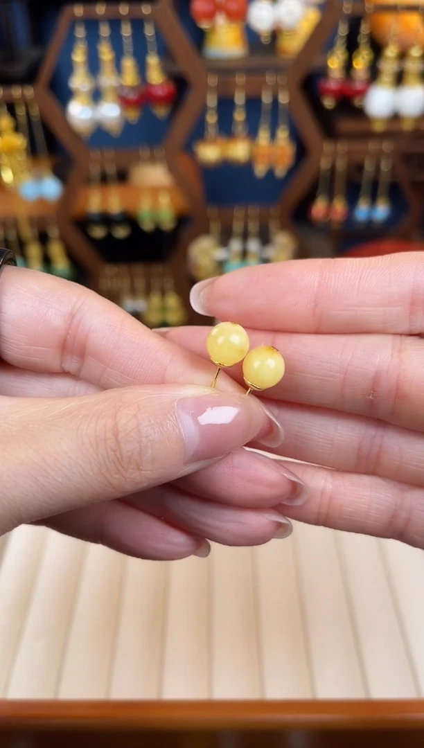 银S925镀金镶嵌蜜蜡耳饰朱**儿耳钉