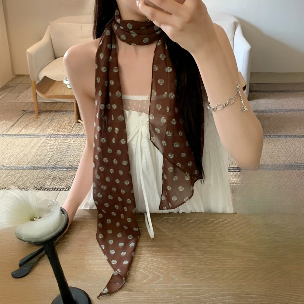 法式高级感气质波点丝巾长条形轻薄雪纺飘带围巾穿搭必备复古配饰