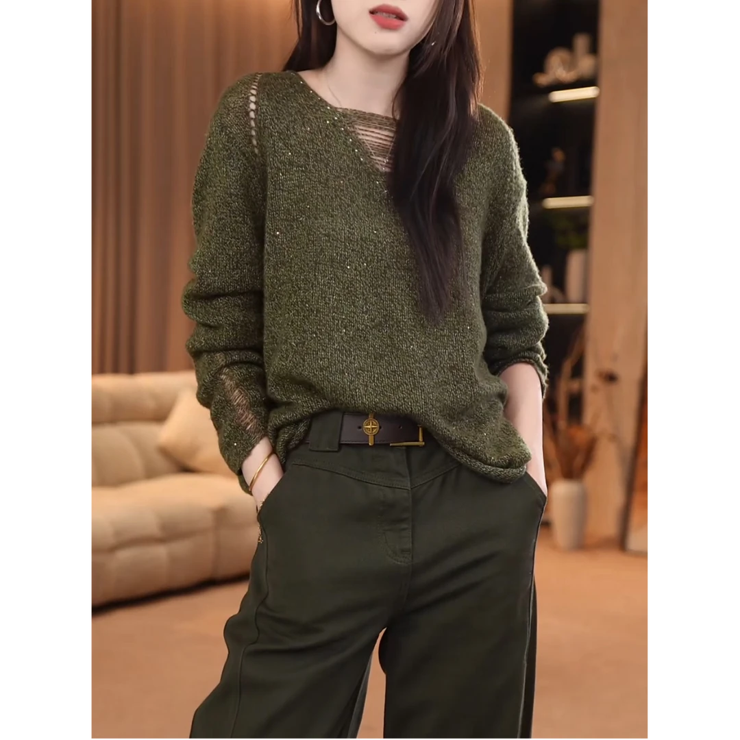 重工镂空针织衫女2025新款秋装百搭长袖上衣宽松显瘦设计感毛衣