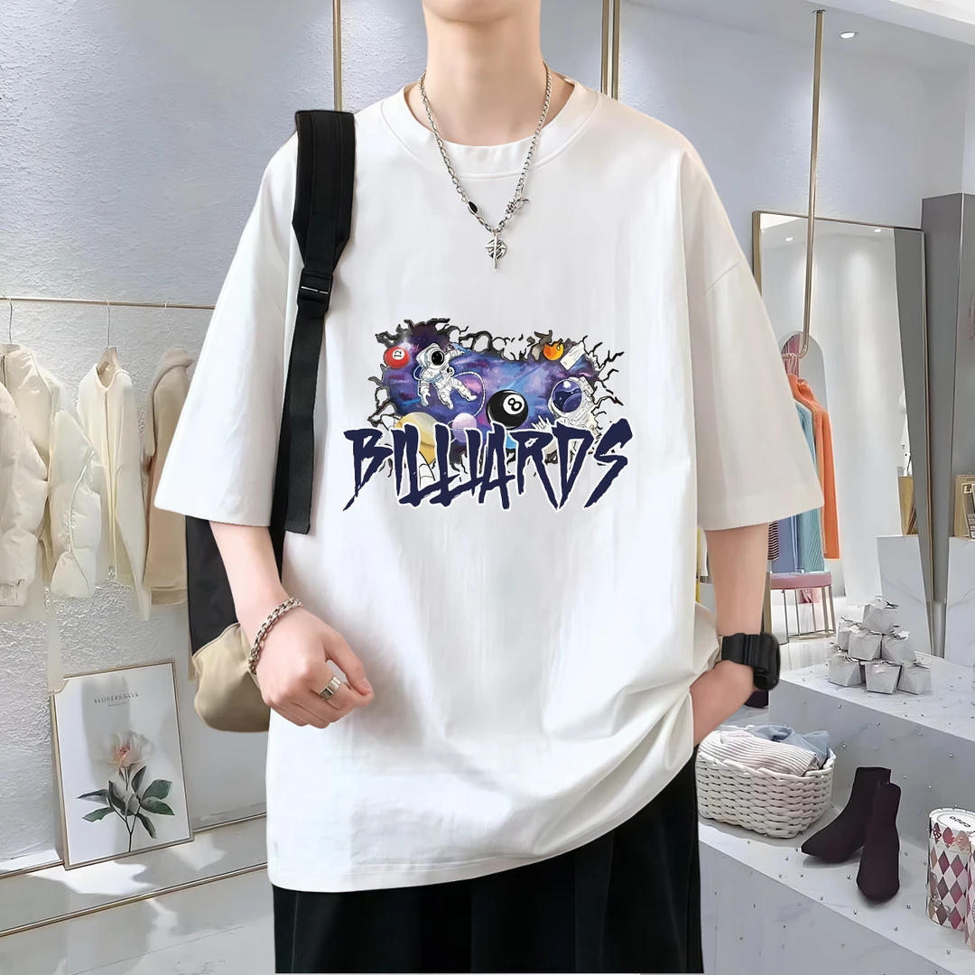 台球美式痞帅潮流短袖夏季T恤台球百搭街头宽松印花休闲圆领上衣