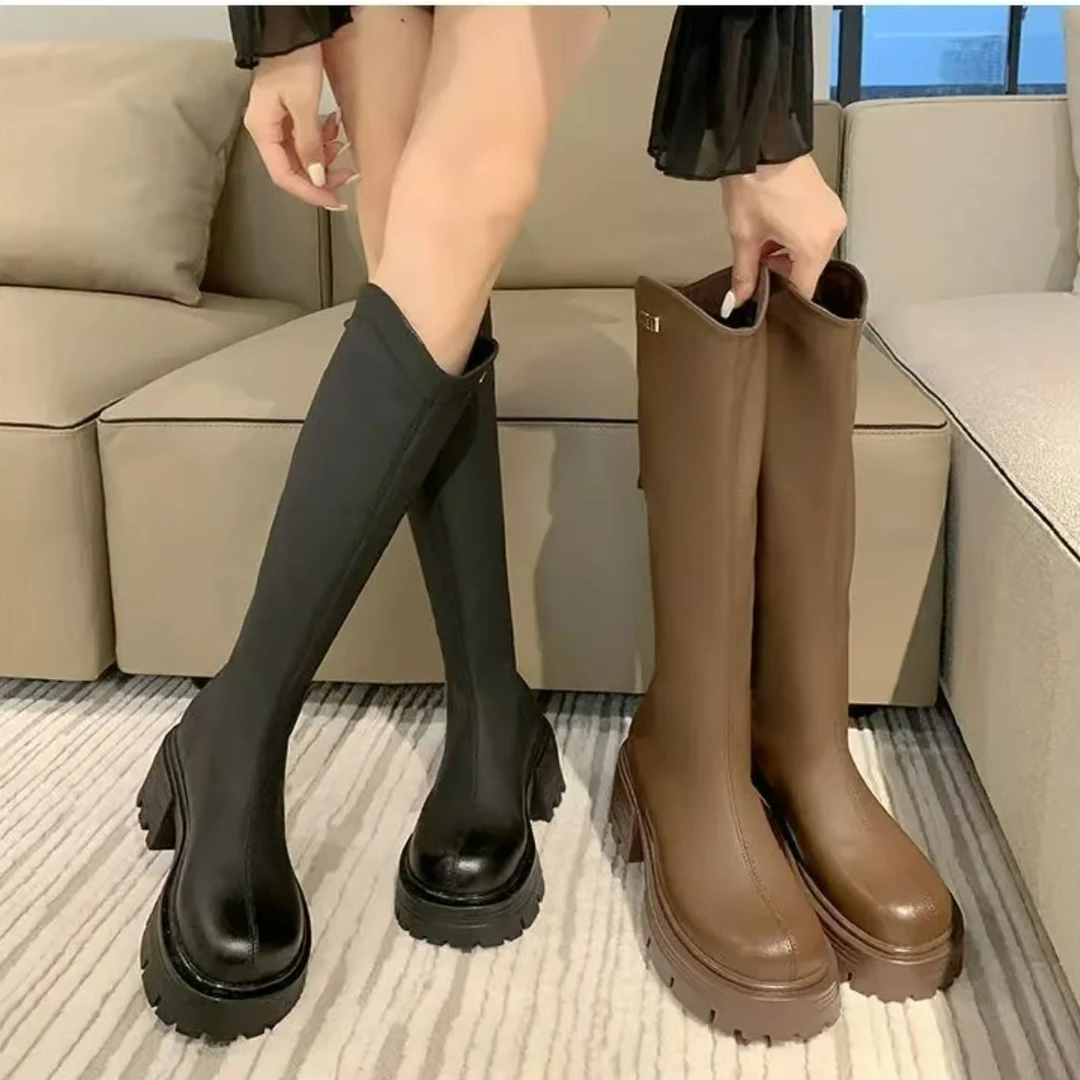 WG24638英伦风显瘦增高长靴女冬新款松糕厚底高筒骑士靴不过膝