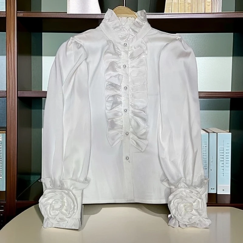 复古欧货2025春季新款缎面长袖立领衬衫女高级感木耳花边长袖上衣