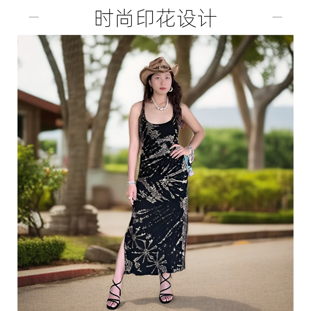 泰国手工扎染设计款时尚舒适碎花性感夏季长款收腰露背连衣裙