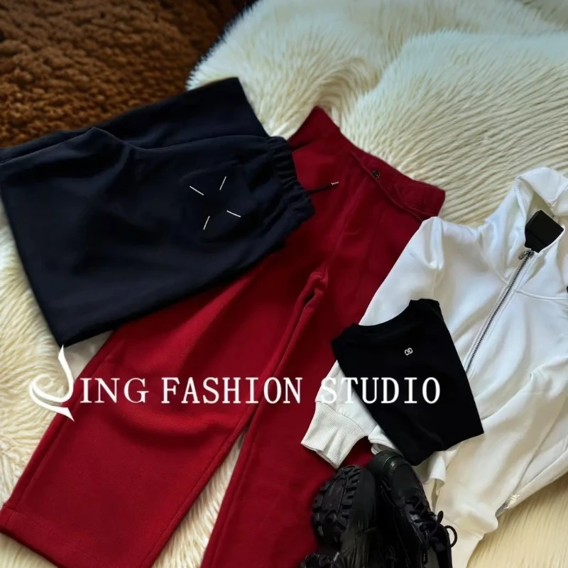 JING2025冬季新款58801抽绳高腰直筒裤宽松休闲长裤拉绒保暖女裤