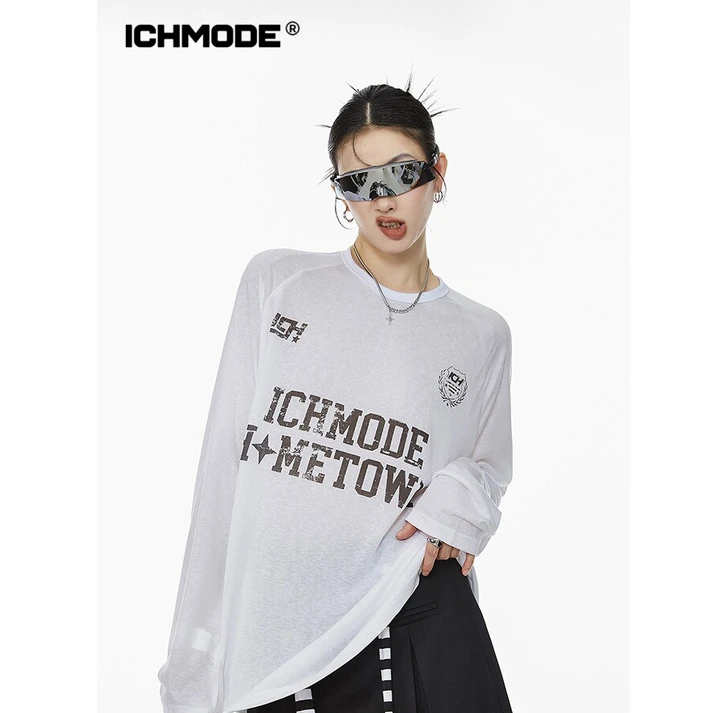 ICHMODE 美式慵懒bf长袖T恤女夏季薄款上衣圆领宽松物理防晒罩衫