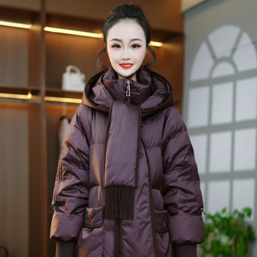 冬季新款优雅时尚百搭气质显瘦减龄带围巾鸭绒羽绒服外套M-XL