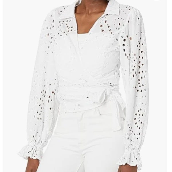 GUESS 女士V领镂空性感甜辣长袖衬衫-W1GH42R1LU4