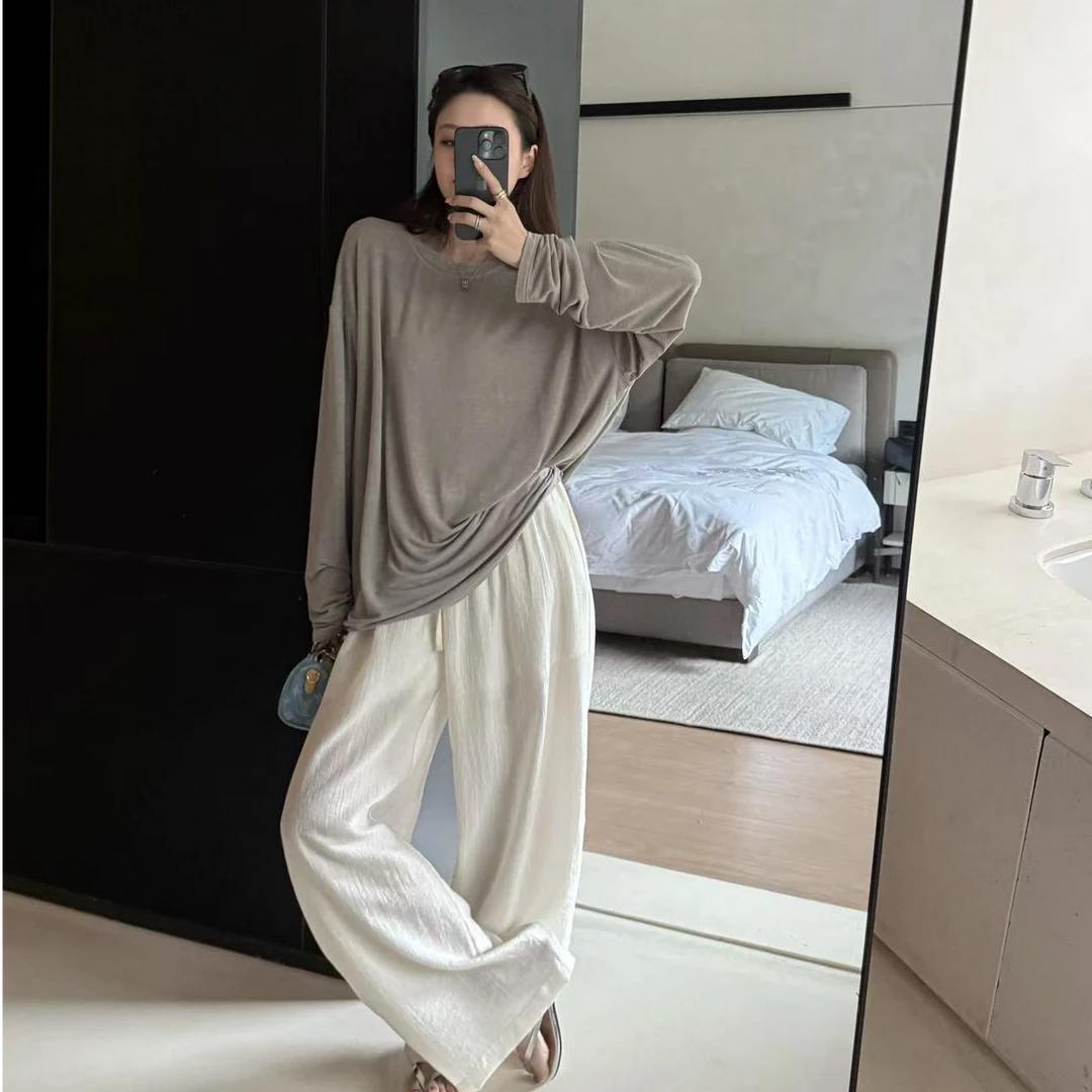 气质慵懒风松弛感宽松圆领T恤2025夏季新款百搭防晒宽松长袖上衣