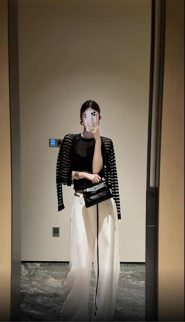 2025夏季新款高级感小香风无袖针织镂空背心+针织开衫配休闲裤女