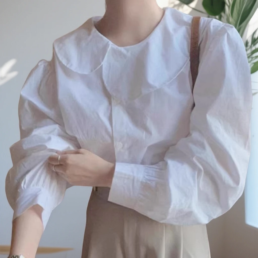725娃娃领薄款泡泡袖长袖荷叶领衬衫秋季百搭宽松白衬衫