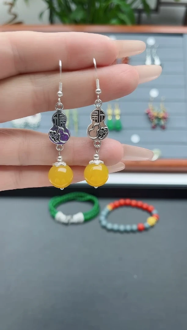 【闪购商品】玛瑙/玉髓耳饰银S925镶嵌801黄色葫芦