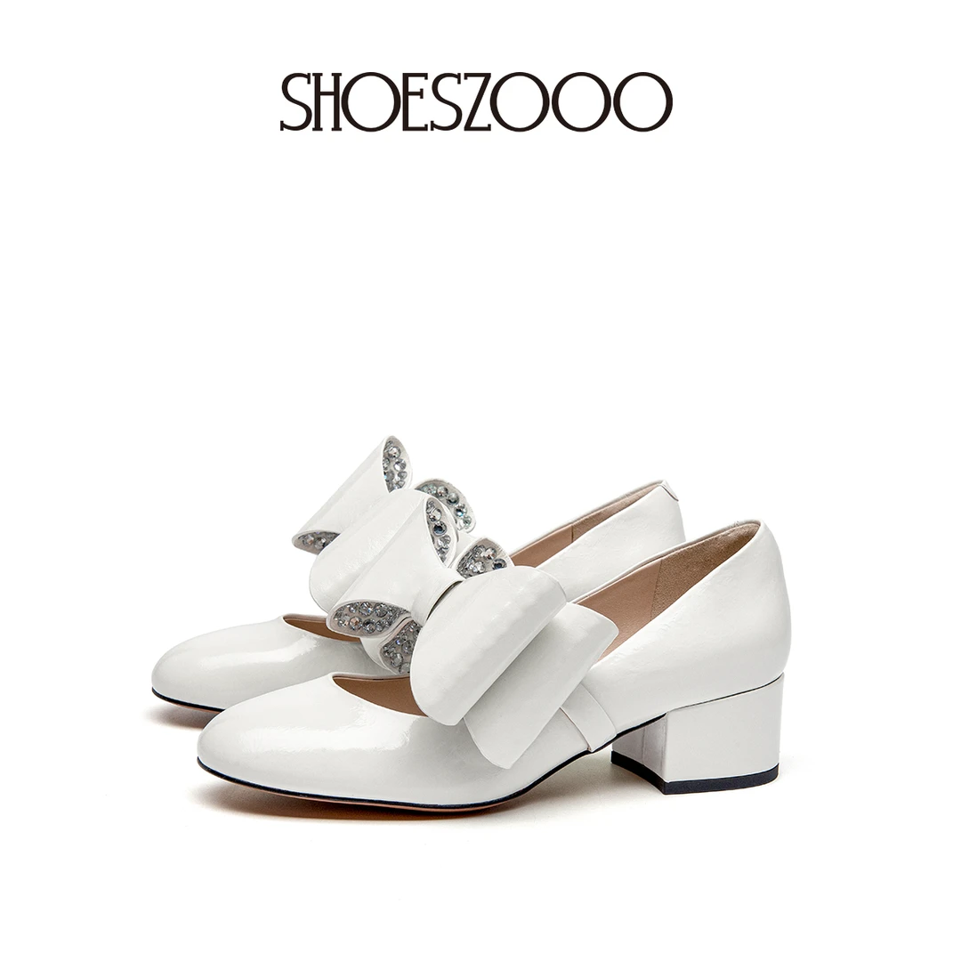 SHOESZOOO高跟鞋女2025夏季新款粗跟浅口单鞋女蝴蝶结玛丽珍鞋子