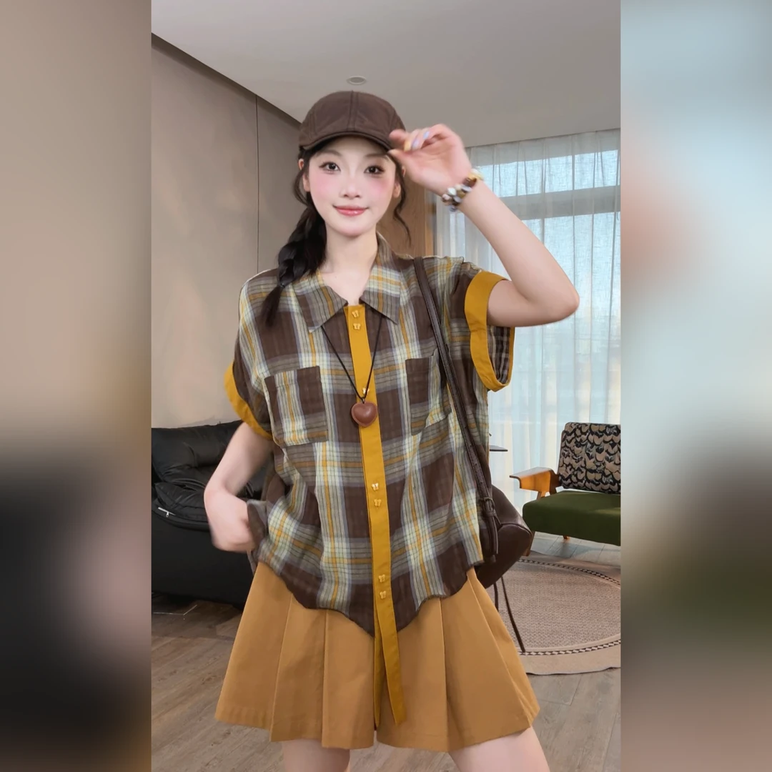 VGVL衬衫【橙C美式】夏季撞色格子小众衬衫