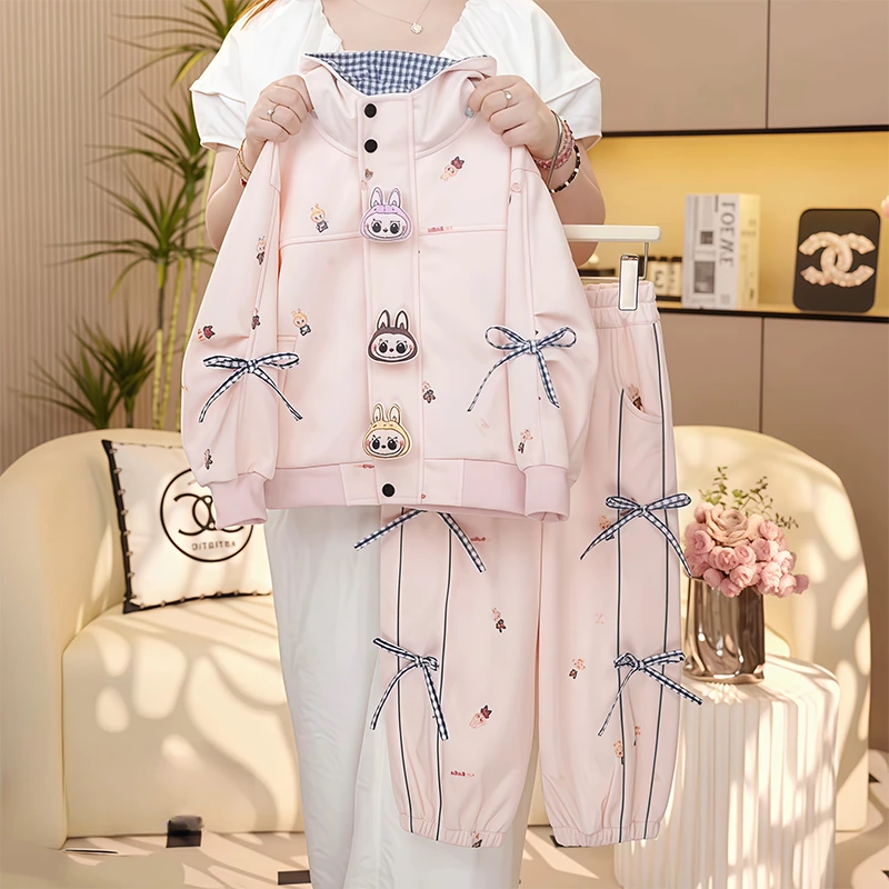 女童拉布布卫衣卫裤运动套装春秋2025新款格子拼接拉链衫外套学生