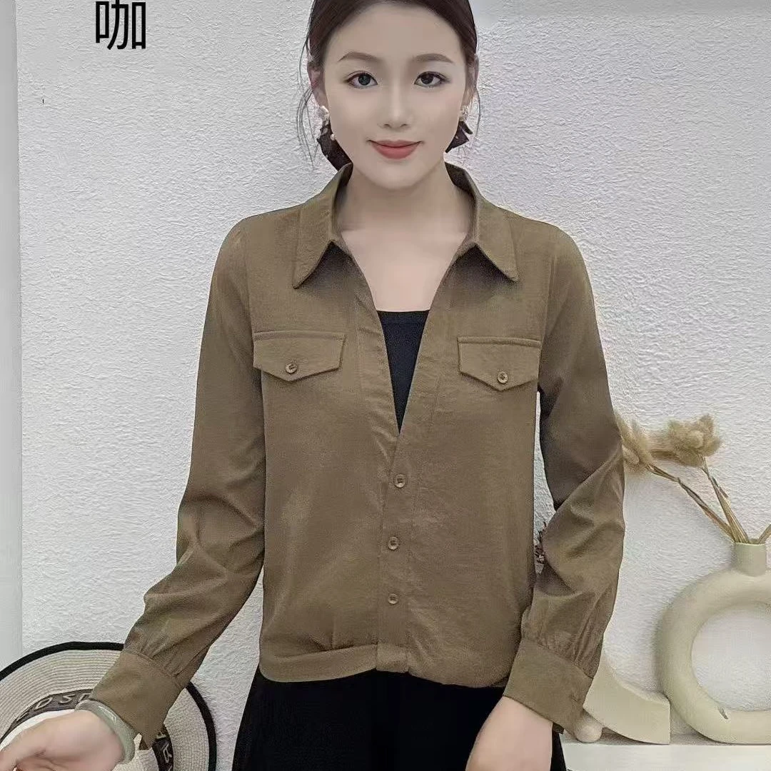 2025早秋款韩版撞色假两件长袖衬衫女气质翻领洋气百搭上衣25152