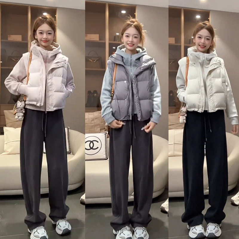 冬季保暖穿搭一整套女装2025新款连帽卫衣棉服马甲束脚裤三件套潮