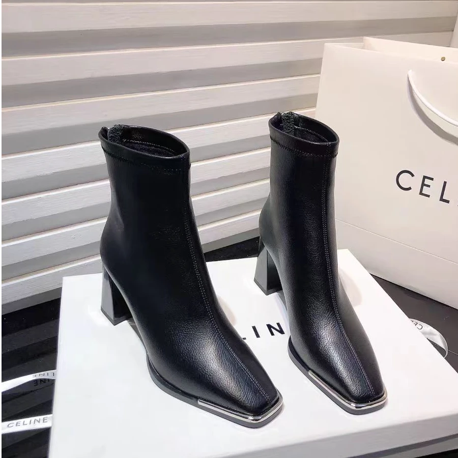 983-3（6厘米）粗跟方头加绒皮面短靴