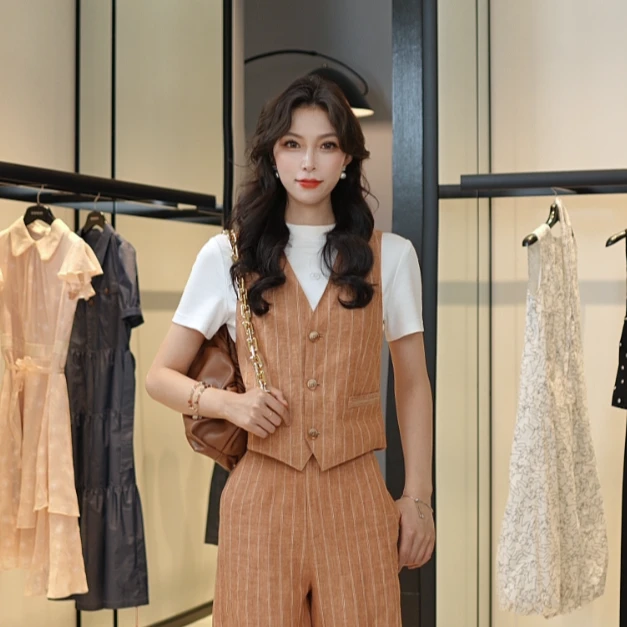 GIRDEAR/哥弟夏季新款条纹老风亚麻套装马甲1400673