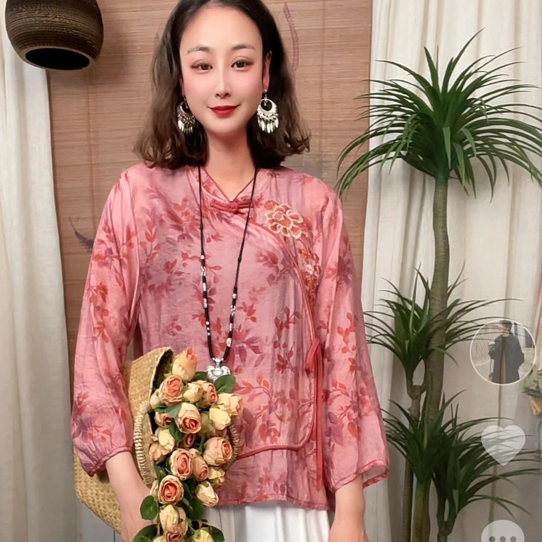 444-1高端三盘扣刺绣显瘦拼接新中式百搭气质网红国风小衫