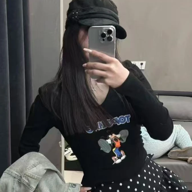 早春修身上衣V领内搭打底衫美式短款卡通T恤