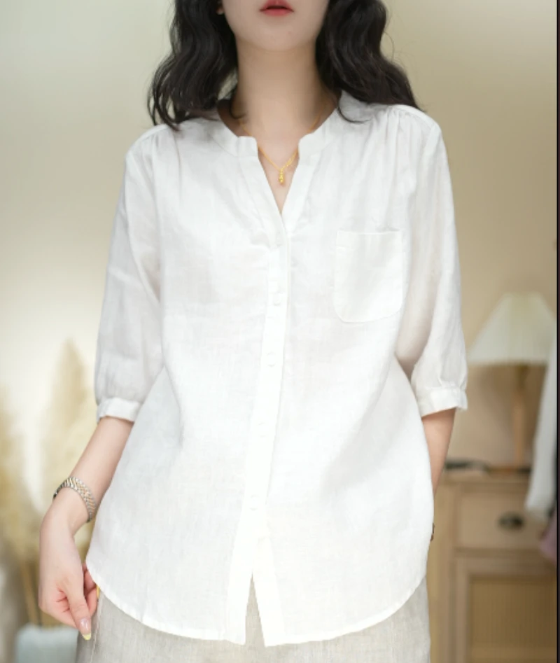 6657纯亚麻休闲夏季纯色时尚百搭V领衬衫