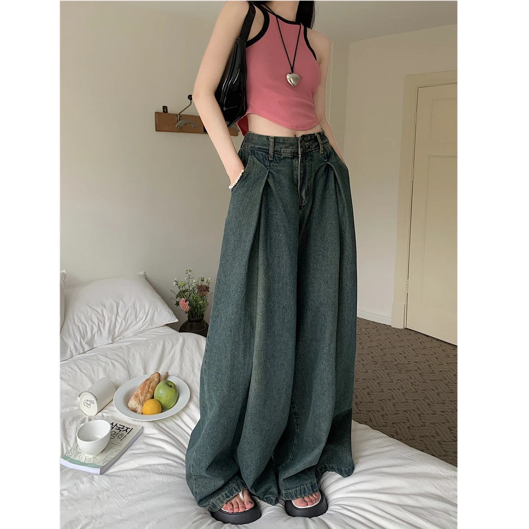 韩版超宽松褶皱设计感阔腿牛仔裤女春秋新款高腰垂感拖地裤3933#