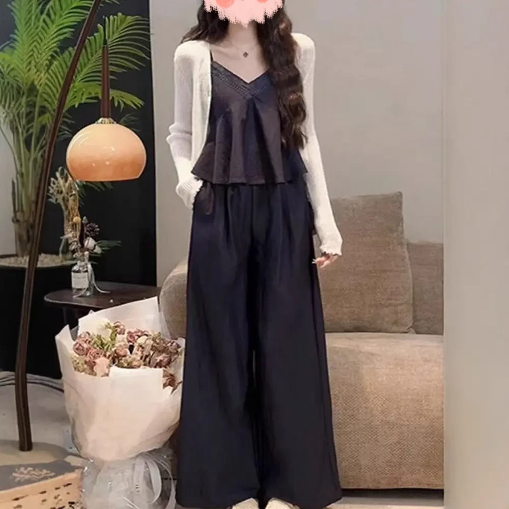 大码夏季微胖显瘦套装吊带上衣阔腿裤开衫三件套459215#