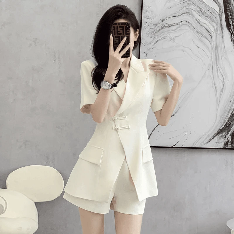 2024新中式高级感西装套装女夏装遮肚藏肉职业气质短袖短裤两件套