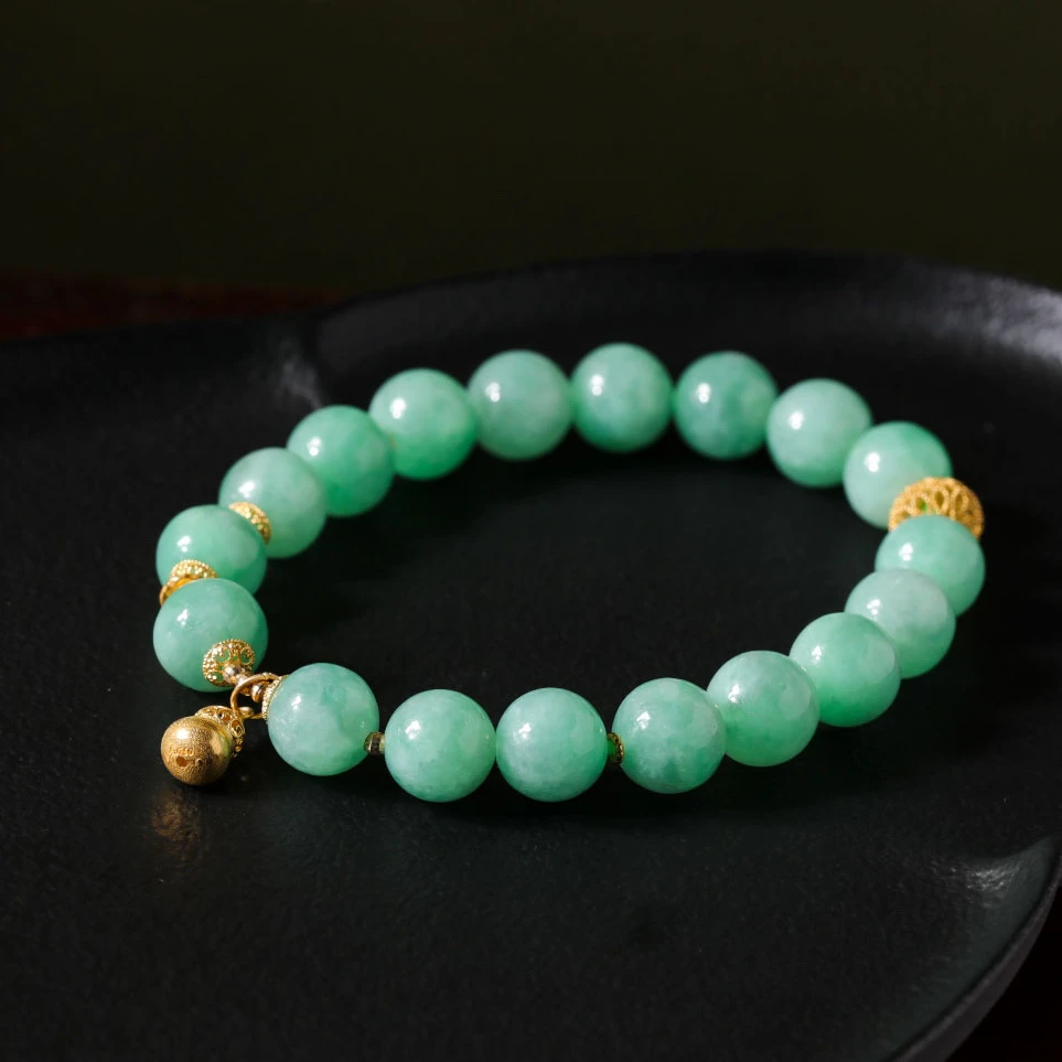 【意婵】《清恩》（9mm）新粉必入-18K金缅A浓阳绿翡翠单圈手链-911894