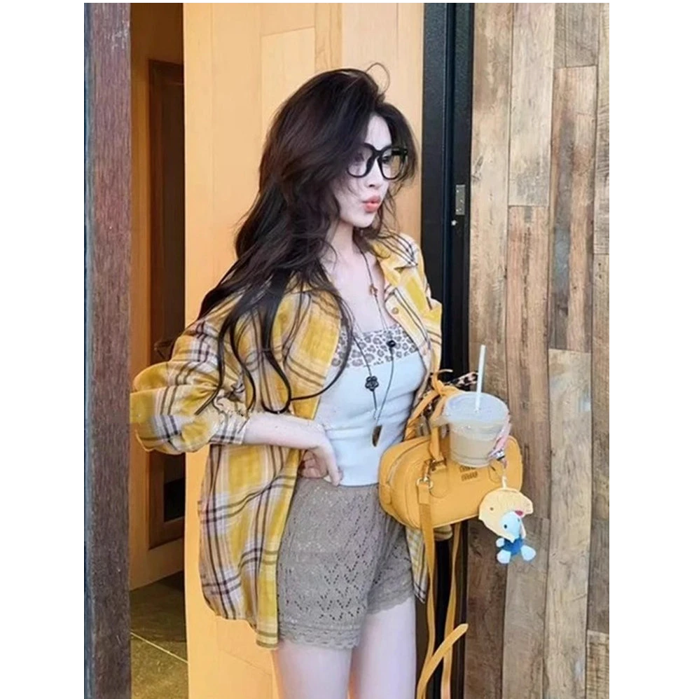 双面黄色格纹衬衫女2025秋季新款宽松慵懒风衬衣休闲百搭长袖上衣
