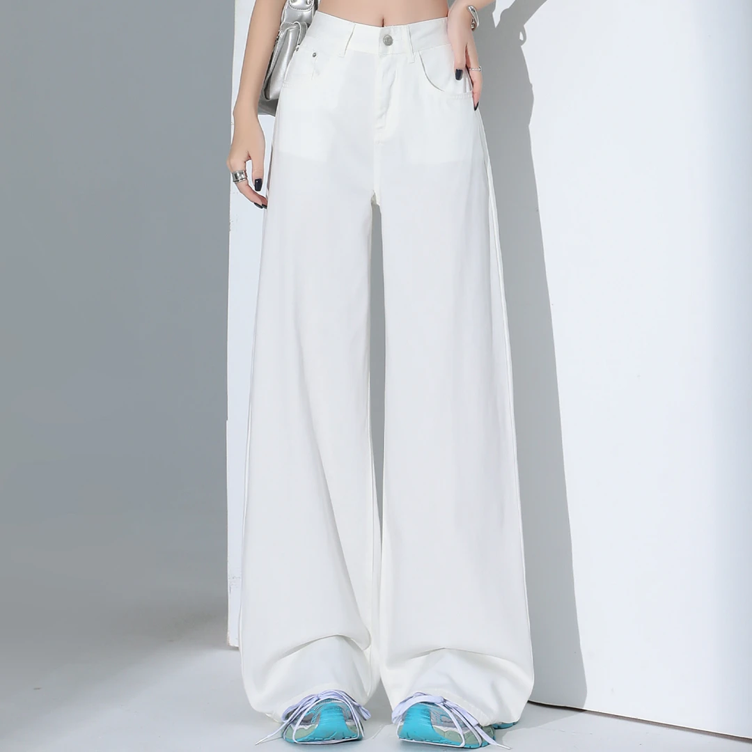 PVJ白色三防阔腿牛仔裤女2025夏季新款高腰宽松垂感拖地直筒长裤