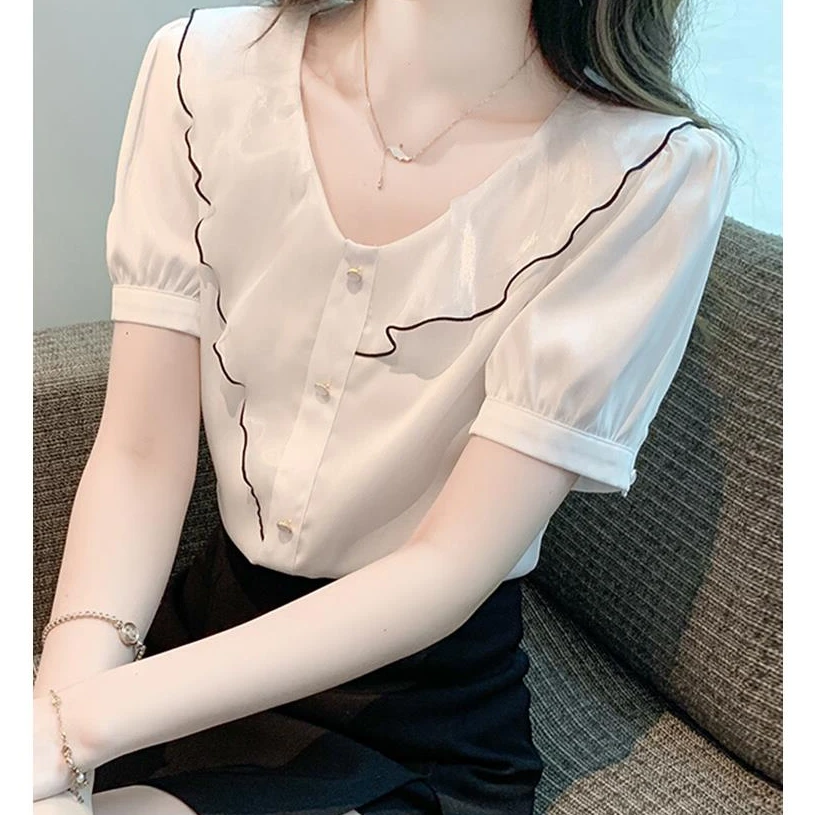 法式荷叶边v领短袖雪纺衫女2025夏季新款高质感减龄显瘦女士小衫