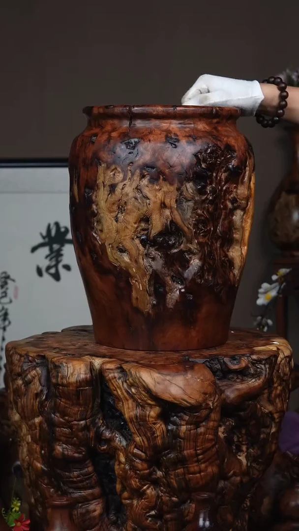 枣木百年鸡心枣木画缸